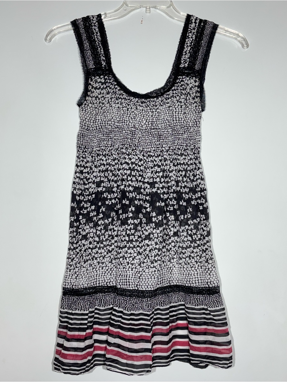 Free People White Black Lace Dress Mini  Size 2 Silk Blend Sheer Smock Babydoll